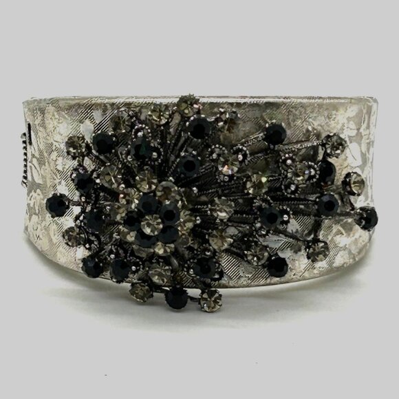 Vintage Black & Smokey Rhinestone Bracelet Hinged Etched Silver-Tone 6.5 Clamper - Picture 1 of 16